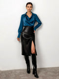 Faux Leather Bodycon Skirts Womens Winter 2022 High Waisted Split Office Skirts Ladies PU Ankle-Length Skirts