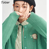 Women Knit Cardigan 2023 Spring Long Sleeves O Neck Loose Sweaters with Button Weave Embroidery Casual Chic