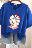 100% Cotton M-6XL T Shirt Japanese Cartoon Anime Tshirt Short Sleeve Women's Top Summer Couple V Neck Oversized T