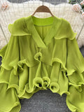 Spring Autumn Women Irregular Ruffle Draped Tops Female Elegant V-Neck Flare Long Sleeve Short Tops Vintage Blouse New