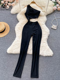Hollow Out One-shoulder Jumpsuits Women Summer High Waist Sheath Rompers 2022 Fashion Straight Casual Long