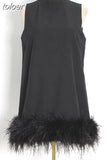 Summer Fashion Mini Dress For Women Round Neck Sleeveless Patchwork Feathers Loose Dresses Female 2023 Clothing