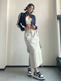 Long Cargo Skirt Women Y2k Streetwear Vintage Pocket High Waist Side Split Shirring Casual Straight Midi Skirt