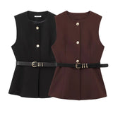 2025 New Women's Round-Neck With Sleeveless Belt Vest Women's