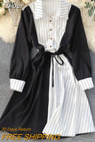New Spring Summer Striped Print Patchwork Long Sleeve Shirt Dress Women Casual Buttons Lace-up Sash A-line OL Work
