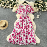 Summer Dress New Female High-End Feel Strapped Belt V Collar Horn Sleeves Thin Temperament Print Chiffon