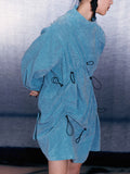 Women Blue Drawstring Pleated Big Size Dress New Stand Collar Long Sleeve Loose Fit Fashion Tide Spring Autumn 2023