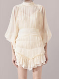 Vintage Fold Dress Long Lantern Sleeve Turtleneck High Waist Slim Summer Dresses Women Fashion Clothes 2023