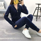 Tracksuits Women Elegant Two-Pieces Suit Sets Female Stylish Velet Zipper Hooded Top & Pant Zip Sets Joggers Juicy