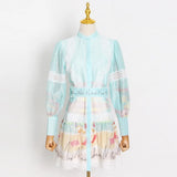TWOTWINSTYLE Casual Print Colorblock Dress For Women Stand Collar Lantern Long Sleeve High Waist Mini Dresses Female Spring