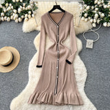Small-Sized Famous Woman Hit The Color V-Neck Long Sleeve Single Buckle Waist Knitted Dress Women With Fish