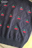 Women Sweet Flower Short Sleeve Cherry Embroidery Knitted Sweater Summer Korean Fashion Y2K Casual Pullover Ladies