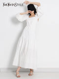 White Backless Dress For Women Square Collar Puff Sleeve High Waist Lace Up Midi Dresses Female Fashion Clothes