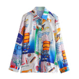 New Women's Shirt Positioning Print Lap Collar Single Row Buckle Long-Sleeved Shirt Broad Leg Leisure High-Rise Trousers
