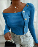 Fashion Off Shoulder Pullover Sweater Knitted Women Autumn Winter Buttons Diagonal Collar Threaded Long Sleeve Tops