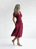 Summer New Women's Dress Fashion Retro Cotton Linen Short Sleeve Lace Up Waist V-neck Pocket Large Swing Fork Women's