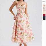 Temperament Floral Series French Summer Slings Gentle Wind Dress With Thin Floral Slings Long