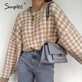 Women geometric khaki knitted sweater women casual Houndstooth lady pullover sweater female Autumn winter retro