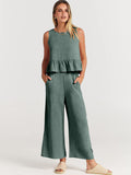 Summer Casual Sleeveless Pleated Pants Sets Wide-leg Loose Clothes 2 Piece Sets O Neck Trouser Suits Two Piece Set
