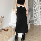 Vintage Y2k Long Black Skirt Women Fashion Streetwear 90s High Waist Printed Patchwork Back Split Straight Midi