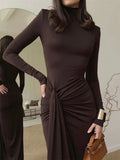 Turtleneck Long Sleeve Wrap Maxi Dress-Outfit
