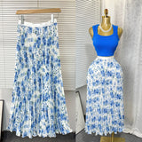 Tight Waist High Waist Crums Sweet A-Shaped Skirt Women's Long Print 100-Fold