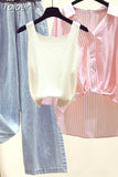 Chiffon Shirt Elastic Waistcoat Wide Leg Jeans Three-piece Elegant Women Pants Set Summer Outfits Street