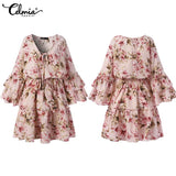 Bohemian Women Floral Printed Dress 2022 Celmia Summer Lace Up V Neck Beach Party Mini Vestidos Elegant Flared Sleeve