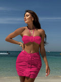 2024 New Sexy Rose Slings Solid Three-Piece Set Swimsuit