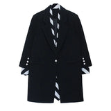 Women Black Striped Printed Stitch Long Blazer New Lapel Long Sleeve Loose Fit Jacket Fashion Spring Autumn 2023