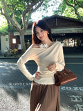 Xixi 2025 Autumn New White Tidaught Flower Oblique Shoulder Knit Shirt Long-Sleeved Top Sweater Women