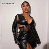 Sexy Nightclub Black Dresses for Women Party PU Leather Mesh Patchwork Cut Out Irregular Bodycon Slit Dress