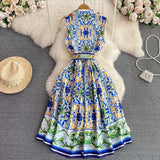 Summer Runway Shirt Dress Women's Notch Collar Sleeveless Blue And White Porcelain Print Lace-Up Belt Pleated Midi