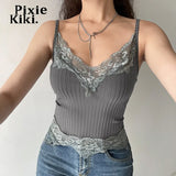 Lace Patchwork Brown Crop Top Y2k Clothes Fairy Grunge Style Cropped Tees Cami Ribbed Knitted Tank Tops