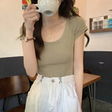 Toloer Color Casual Versatile Short-Sleeved T-Shirt Women With A Bottom Shirt 2024 Summer Slim U-Collar Student Jacket Ins