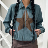 green star embroidered corduroy coat women's 2023 new American cardigan zipper lapel casual
