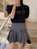 Bowknot Short Sleeve Round Neck Knit Top-Outfit