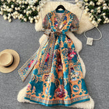 A Women's Court Style V Tie With A Belt Net Yarn Bubble Sleeve Print Large Swing Long Joint