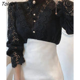 Women's Blouse Vintage Lace Spliced Long Sleeve Pink Button Up Woman Shirt Tops 2022 Fashion Casual Ladies Blouses