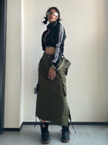 Long Cargo Skirt Women Y2k Streetwear Vintage Pocket High Waist Side Split Shirring Casual Straight Midi Skirt