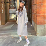 Sleeve Dresses Women Printed Hooded Straight Autumn Thicken Warm Casual Daily All-match Preppy Chic Korean Fashion
