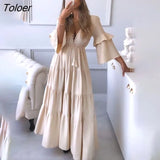 Autumn New Long Sleeve Maxi Dress Women Solid Color Sexy Casual V-Neck Long Dresses Fashion Boho High Waist Loose