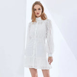 TWOTWINSTYLE Cut Out White Women's Dress Stand Collar Long Sleeve High Waist Spring Dresses Female Fashion New Clothing