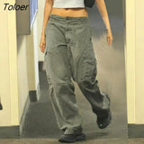 Gray Baggy Pants Fashion Streetwear Spring Women Denim Pants Loose High Waist Cargo Pants Korean