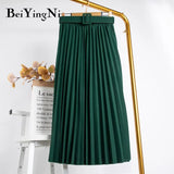 2020 Casual Belted Pleated Skirt Woman Midi Fashion Elegant Retro Chic Skirt Female Harajuku Spring Summer Faldas