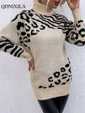 Autumn Winter Pullover Slim Knit Leopard Print Women Turtleneck Long Sleeve Warm Thick Casual Fashion Female Sweaters