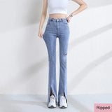 High-Stretch Women's Jeans Slit Hem Design Summer Korean Casual Streetwaear Apear Peach Hips Denim Pants Cotton HGood