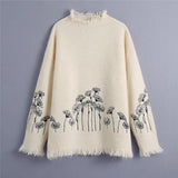 Black Floral Beige Fringes Sweater Mock Neck Plus Size Large Casual Women Pullover Fashion Autumn Winter Female Chic Tops