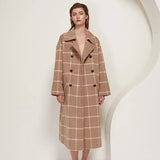 Women Vintage Plaid Woolen Long Coat With Pockets Double Breasted Fashion Overcoat Female Batwing Long Sleeve Wool