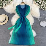 Spring Autumn Women Gradient Red/Green/Purple Pleated Midi Dress Female Vintage O-Neck High Waist Draped Loose Vestidos New